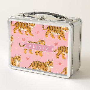 Personalized Pink Tiger Chic Edgy Fun Aesthetic Metal Lunch Box
