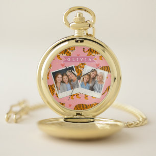 Personalized Pink Tiger Chic Edgy Fun Aesthetic Pocket Watch