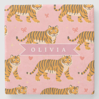 Personalized Pink Tiger Chic Edgy Fun Aesthetic Stone Coaster