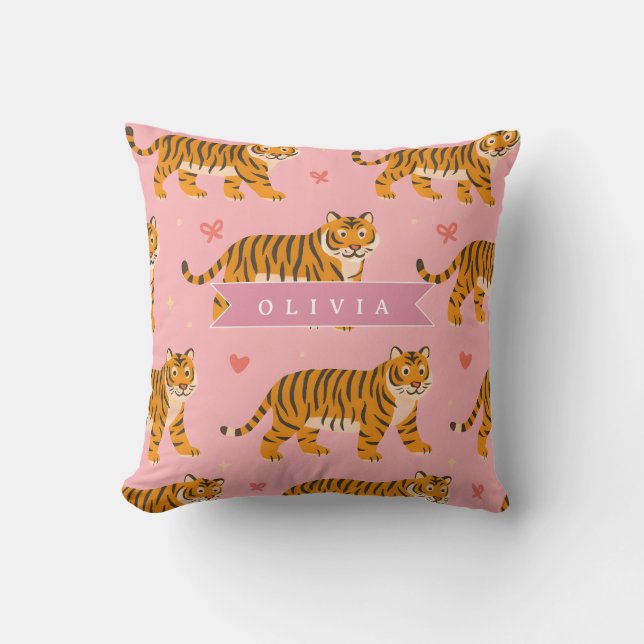 Personalized Pink Tiger Chic Edgy Fun Aesthetic Throw Pillow (Front)