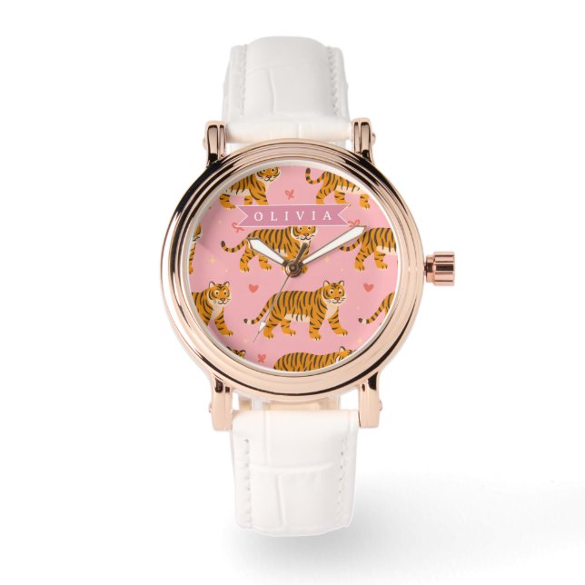 Personalized Pink Tiger Chic Edgy Fun Aesthetic Watch (Front)