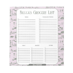 Personalized Pink Toile Grocery List Notepad