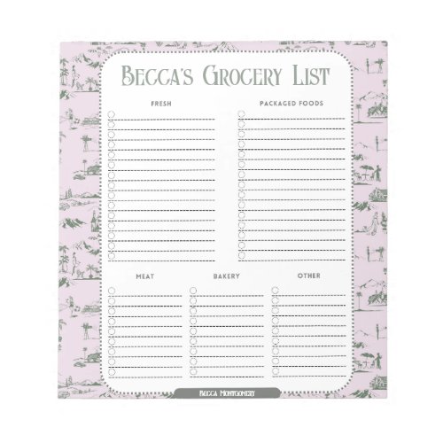 Personalized Pink Toile Grocery List Notepad