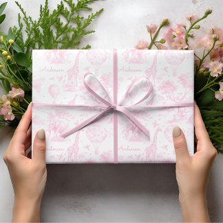Personalized Pink Toile Safari Baby Shower Gift Wrapping Paper