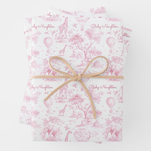 Personalized Pink Toile Safari Baby Shower Gift Wrapping Paper Sheets