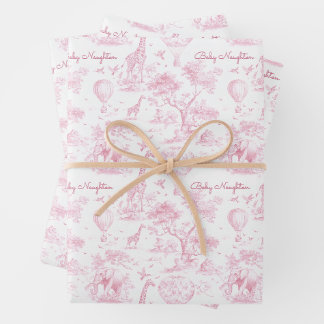 Personalized Pink Toile Safari Baby Shower Gift Wrapping Paper Sheets