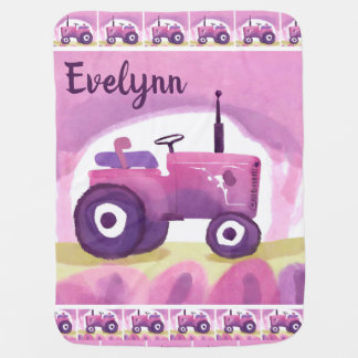 Personalized Pink Tractor Blanket