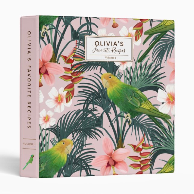 Personalized Pink Tropical Bird Pattern Cookbook 3 Ring Binder (Front/Spine)
