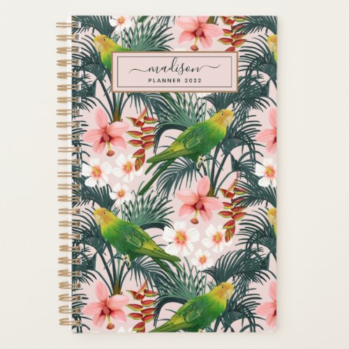 Personalized Pink Tropical Floral Parakeet Pattern Planner