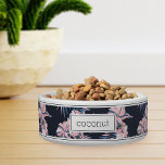 Personalized Pink Tropical Floral Pattern Pet<br><div class="desc">For the pets with the most aloha,  this cute island inspired dog or cat bowl features a pattern of tropical orchid flowers and botanical foliage in shades of blush pink,  lavender,  and blue on a rich navy blue background. Personalize with your pet's name in matching dark navy lettering.</div>
