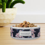 Personalized Pink Tropical Floral Pattern Pet Bowl<br><div class="desc">For the pets with the most aloha,  this cute island inspired dog or cat bowl features a pattern of tropical orchid flowers and botanical foliage in shades of blush pink,  lavender,  and blue on a rich navy blue background. Personalize with your pet's name in matching dark navy lettering.</div>