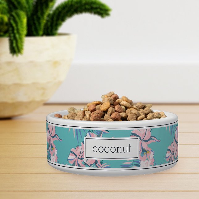 Personalized Pink Tropical Floral Pattern Pet Bowl (Creator Uploaded)