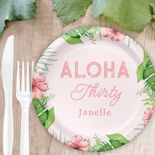 Personalized Pink Tropical Luau Aloha Birthday Paper Plates