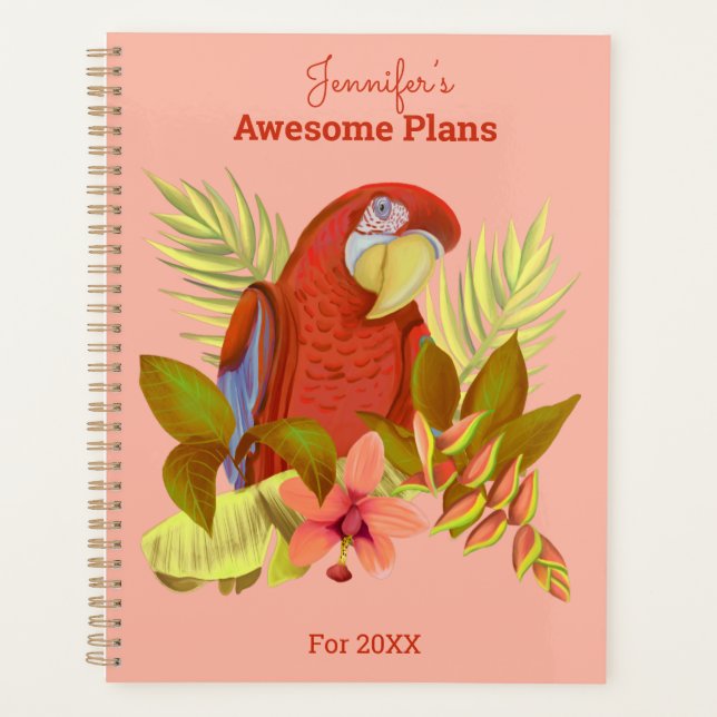 Personalized Pink Tropical Parrot Illustration Planner (Front)
