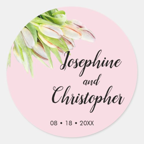 Personalized Pink Tulip Artistic Summer Weddings Classic Round Sticker