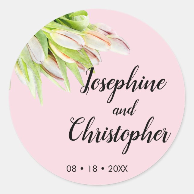 Personalized Pink Tulip Artistic Summer Weddings Classic Round Sticker (Front)