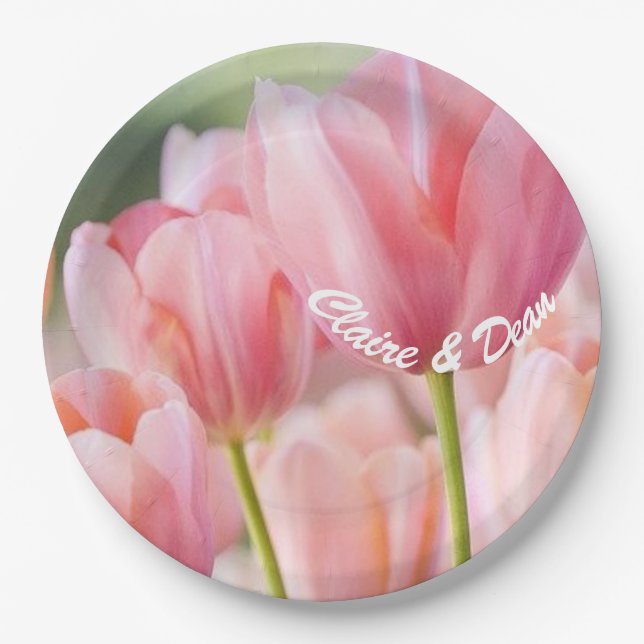 Personalized Pink Tulip Paper Party Plates (Front)