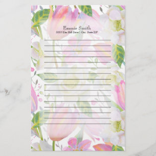 Personalized Pink Tulips and Green Leaves Stationery