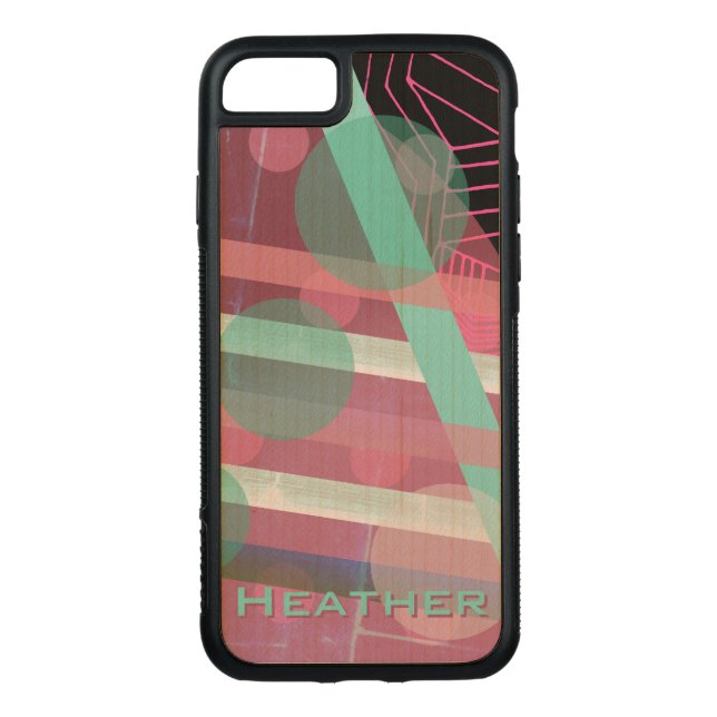 Personalized/Pink & Turquoise/Abstract Design Carved Wood iPhone Case (Back)