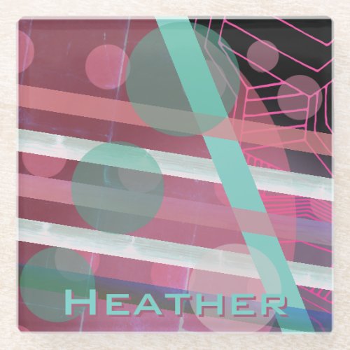 PersonalizedPink  TurquoiseAbstract Design Glass Coaster