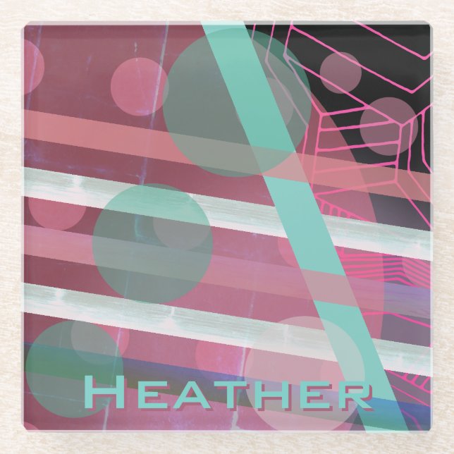 Personalized/Pink & Turquoise/Abstract Design Glass Coaster (Front)