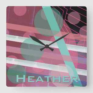 Personalized/Pink & Turquoise/Abstract Design Square Wall Clock