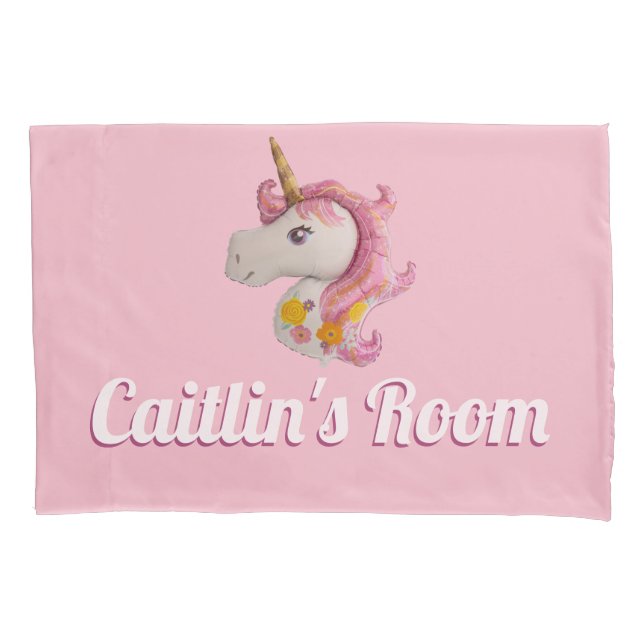 Personalized Pink Unicorn Balloon Girl's Bedroom Pillow Case (Front)
