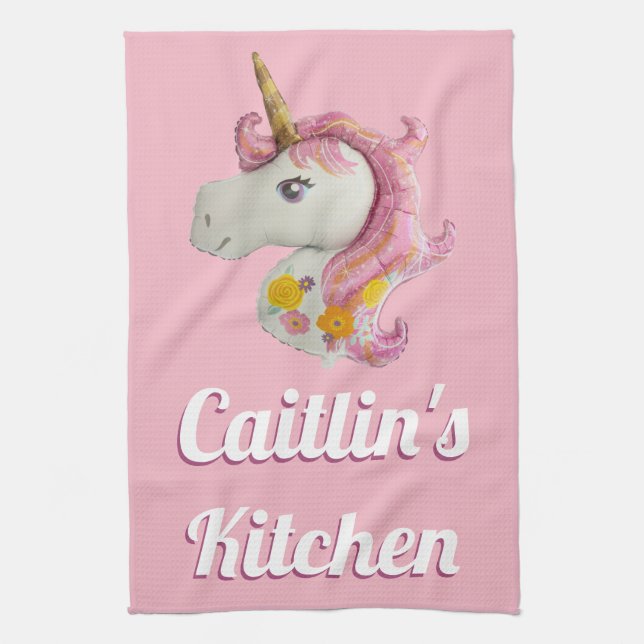 Personalized Pink Unicorn Balloon Girly Kitchen Towel (Vertical)
