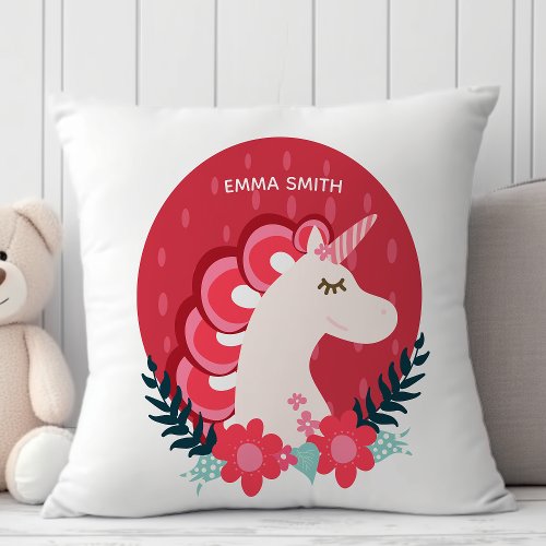 Personalized Pink Unicorn  Floral Monogram Throw Pillow