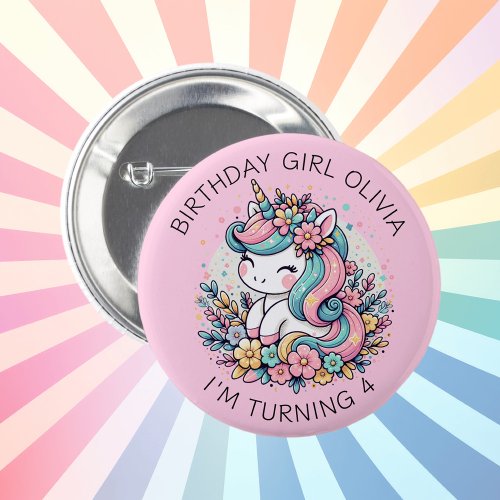 Personalized Pink Unicorn Girls Birthday Button
