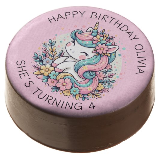 Personalized Pink Unicorn Girl's Birthday Chocolate Covered Oreo (Angled)