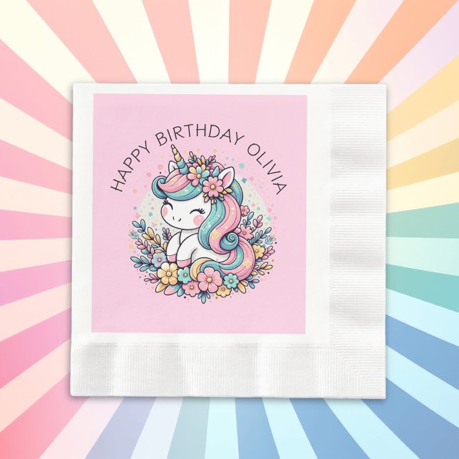 Personalized Pink Unicorn Girl's Birthday Napkins (Creator Uploaded)