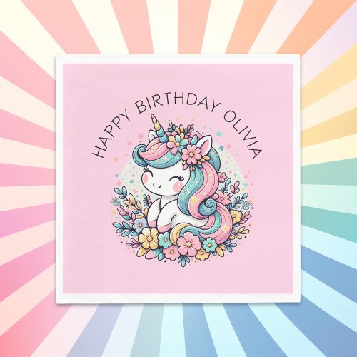 Personalized Pink Unicorn Girls Birthday Napkins