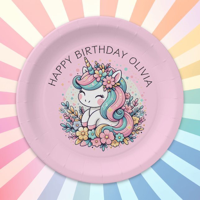 Personalized Pink Unicorn Girl's Birthday Paper Plates (Creator Uploaded)
