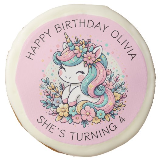 Personalized Pink Unicorn Girl's Birthday Sugar Cookie (Front)