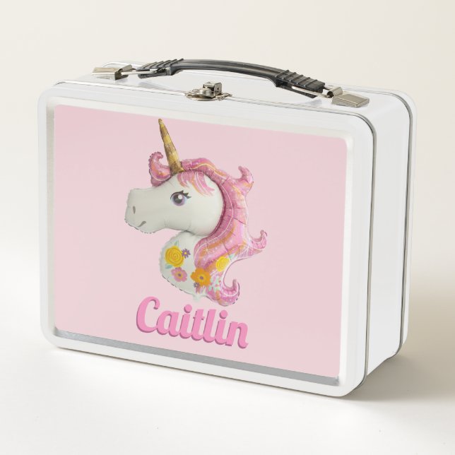 Personalized Pink Unicorn Girls Metal Lunch Box (Front)