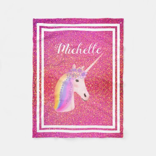 Personalized Pink Unicorn Glitter Sparkles Girls Fleece Blanket