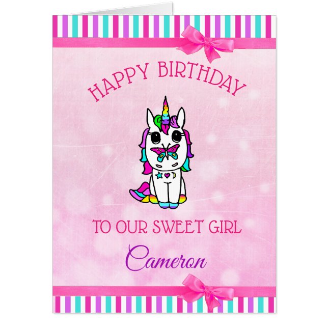 Personalized Pink Unicorn Little Girl's Birthday Card (Front)