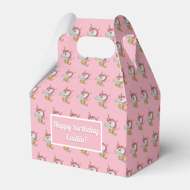 Personalized Pink Unicorn Party Favor Boxes (Front Side)