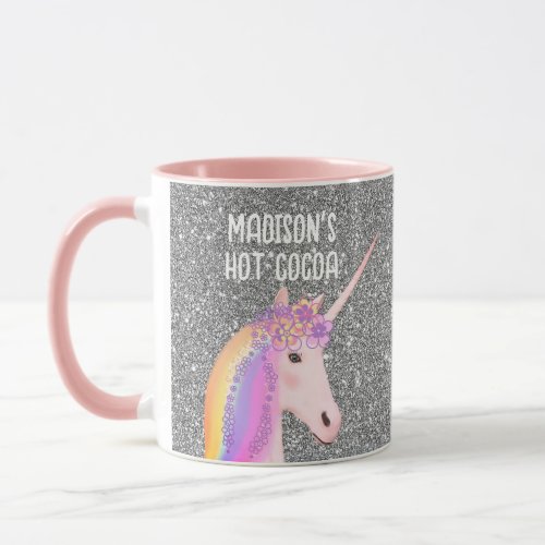 Personalized Pink Unicorn Pastel Glitter Rainbow Mug