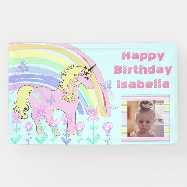 Personalized Pink Unicorn Rainbow Birthday Banner (Horizontal)