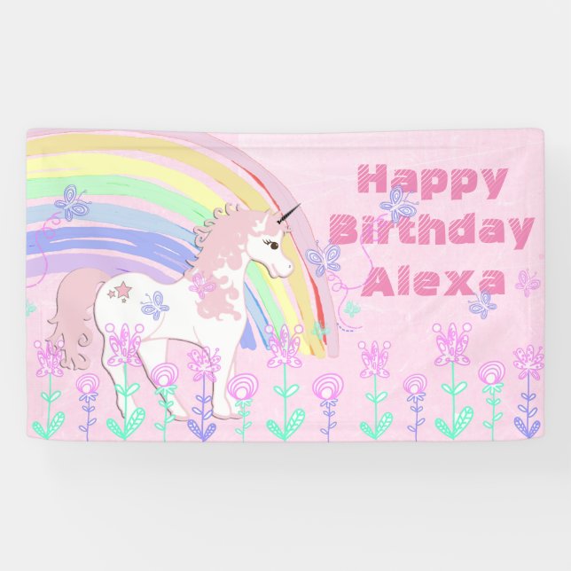 Personalized Pink Unicorn Rainbow Birthday Banner (Horizontal)
