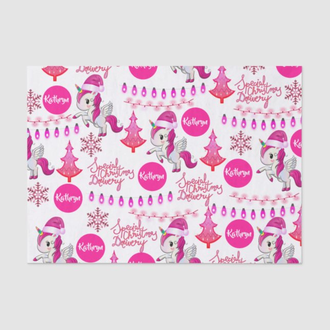Personalized Pink Unicorns Christmas Tissue Paper (Front)