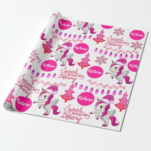 Personalized Pink Unicorns Christmas Wrapping Paper