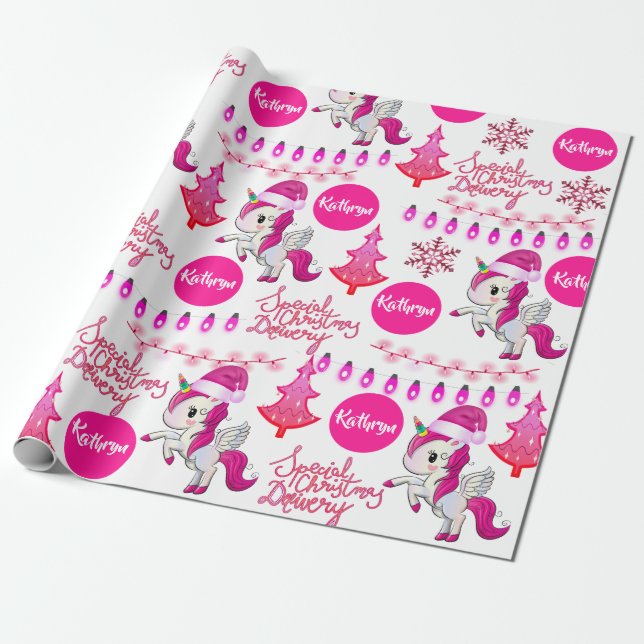 Personalized Pink Unicorns Christmas Wrapping Paper (Unrolled)