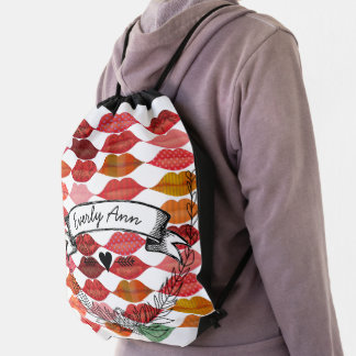Personalized Pink Vintage Garland Lil' Lady Lips Drawstring Bag