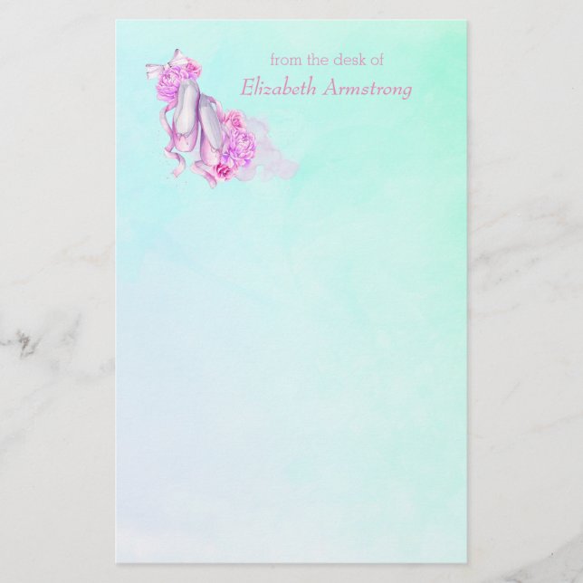 Personalized Pink Watercolor Ballet Shoes Stationery (Front)