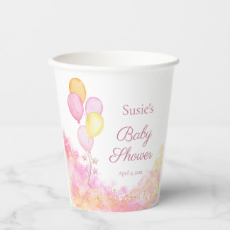 Personalized Pink Watercolor Balloon Baby Shower Paper Cups