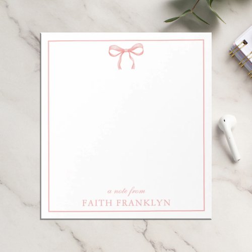 Personalized Pink Watercolor Bow Notepad