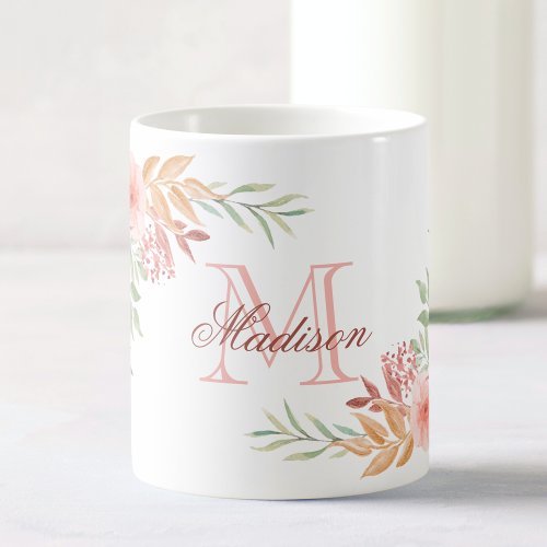 Personalized Pink Watercolor Floral Monogram Name Coffee Mug
